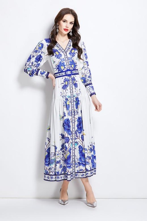 Retro national style printing spring and summer dress