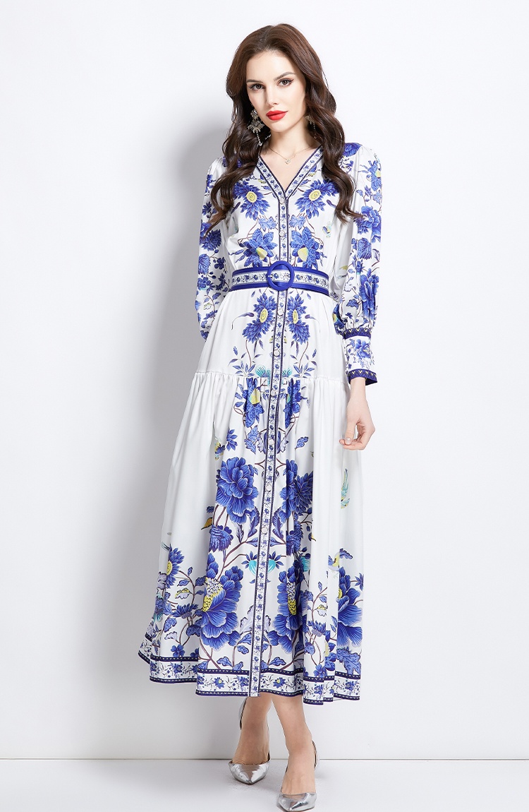 Retro national style printing spring and summer dress