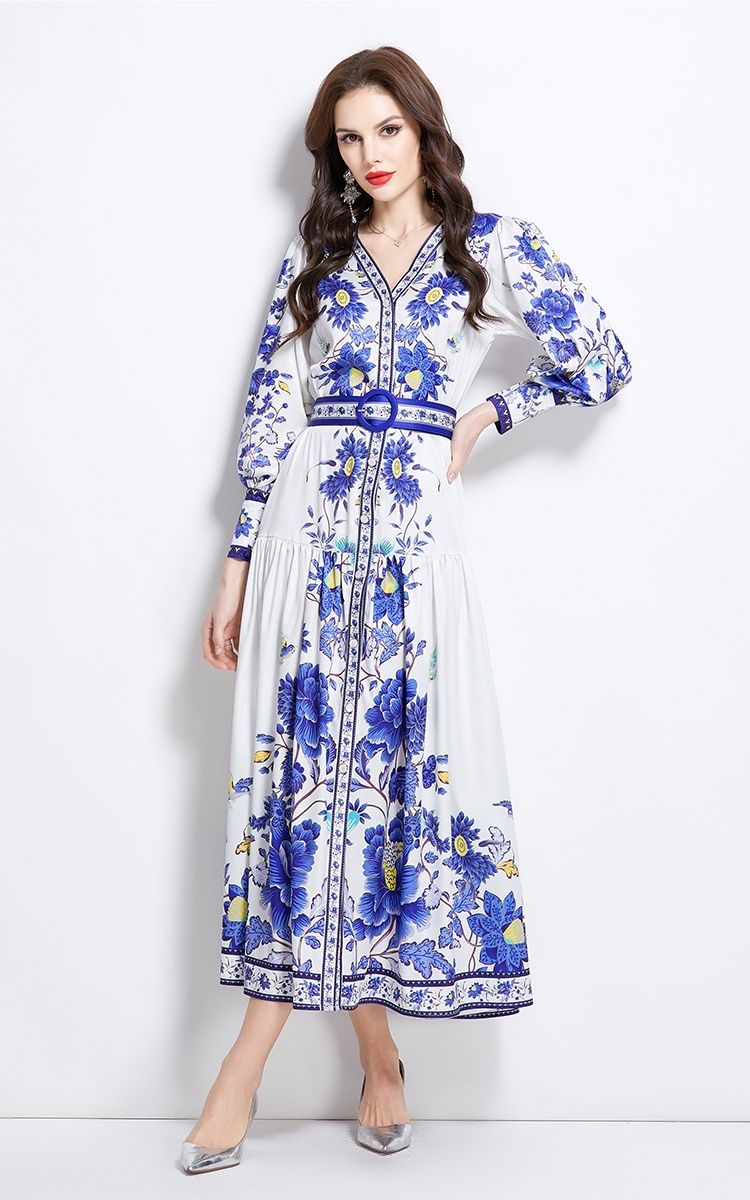 Retro national style printing spring and summer dress