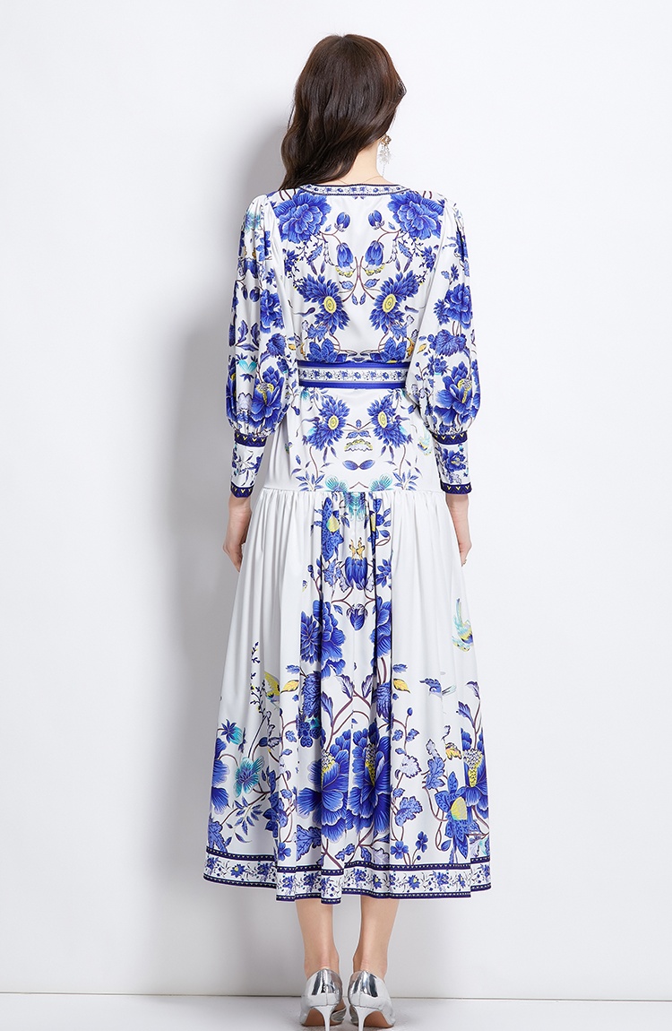 Retro national style printing spring and summer dress