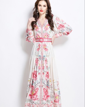 National style V-neck retro printing dress