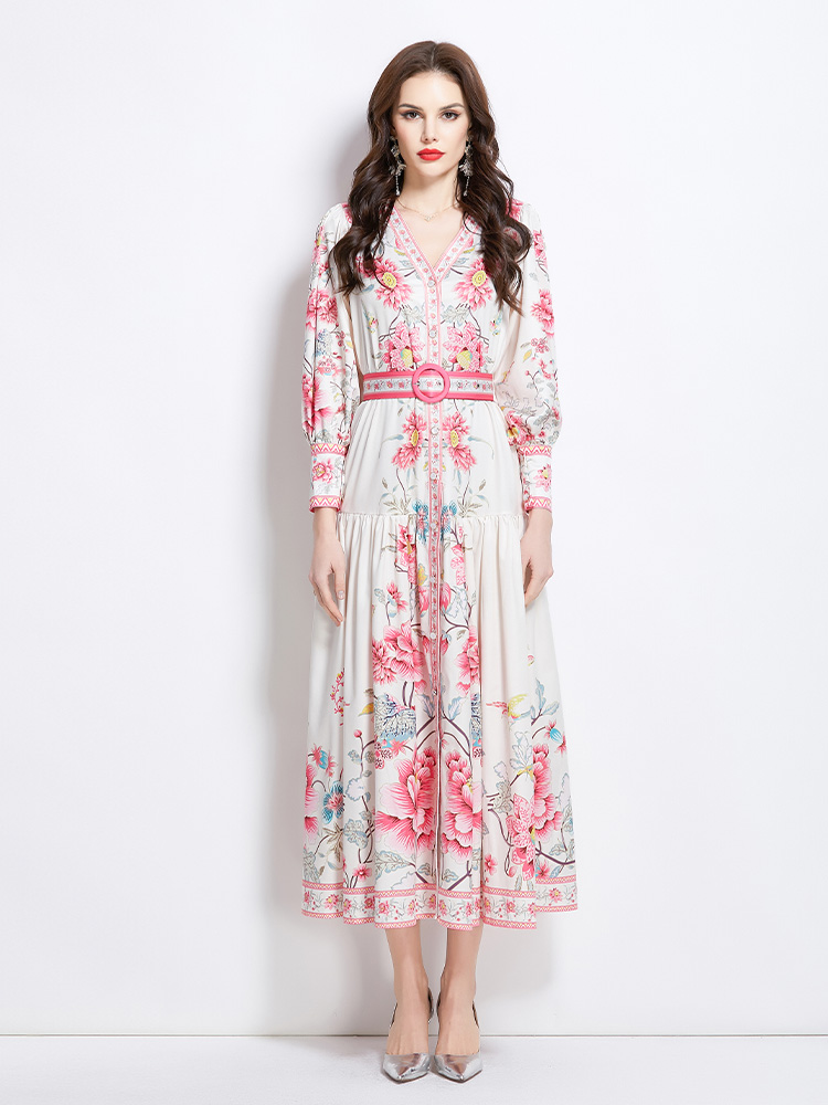 National style V-neck retro printing dress