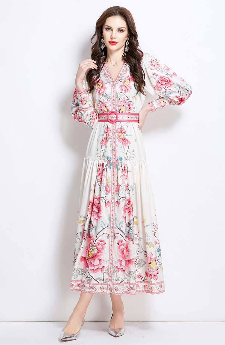 National style V-neck retro printing dress