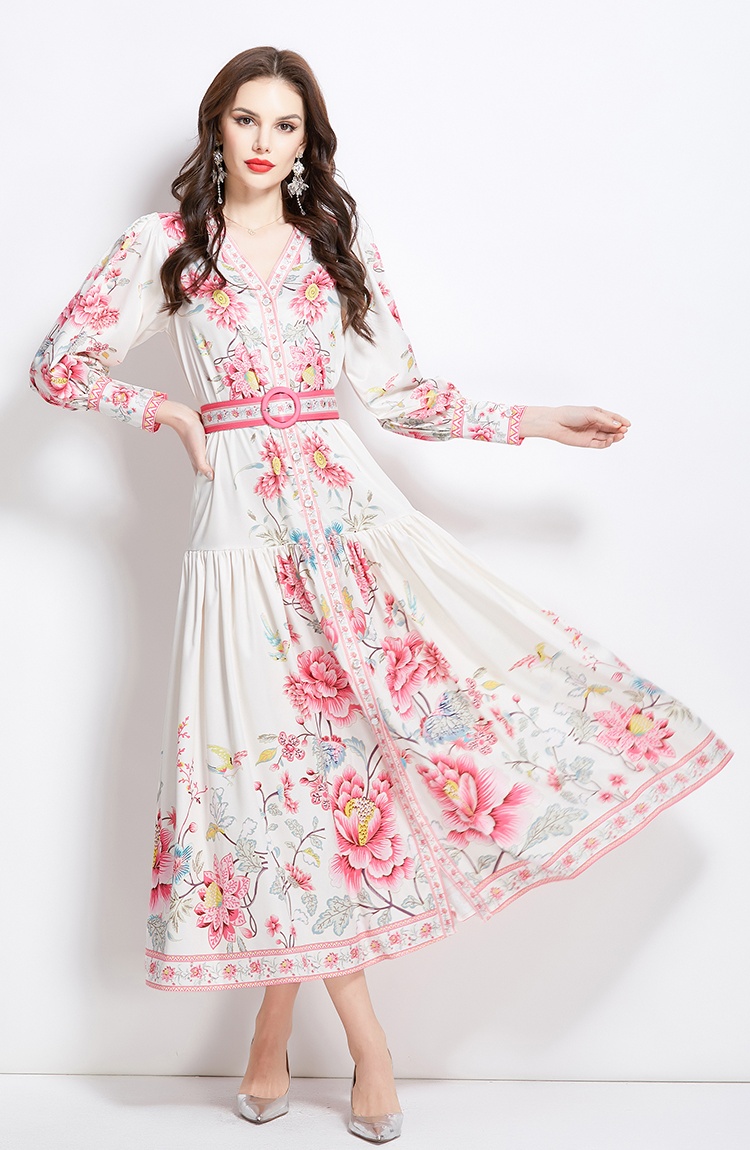 National style V-neck retro printing dress