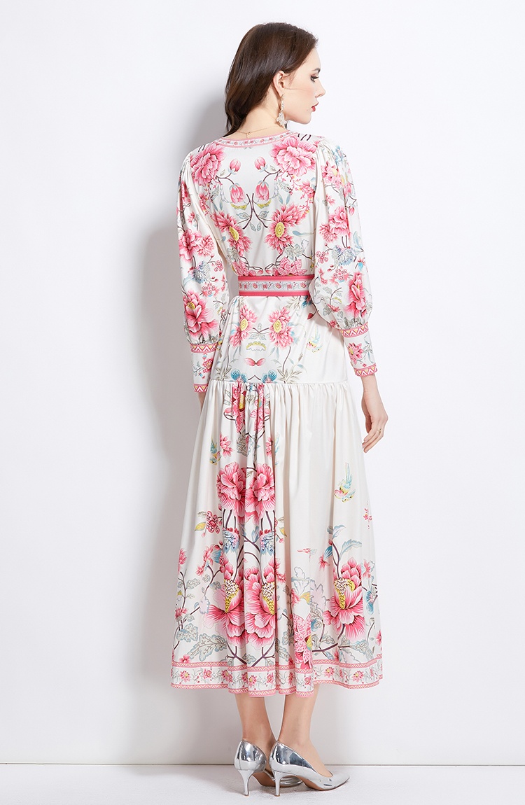 National style V-neck retro printing dress