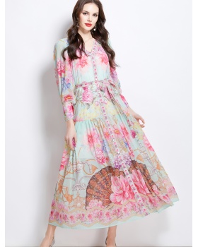 Lantern sleeve retro V-neck spring and summer dress