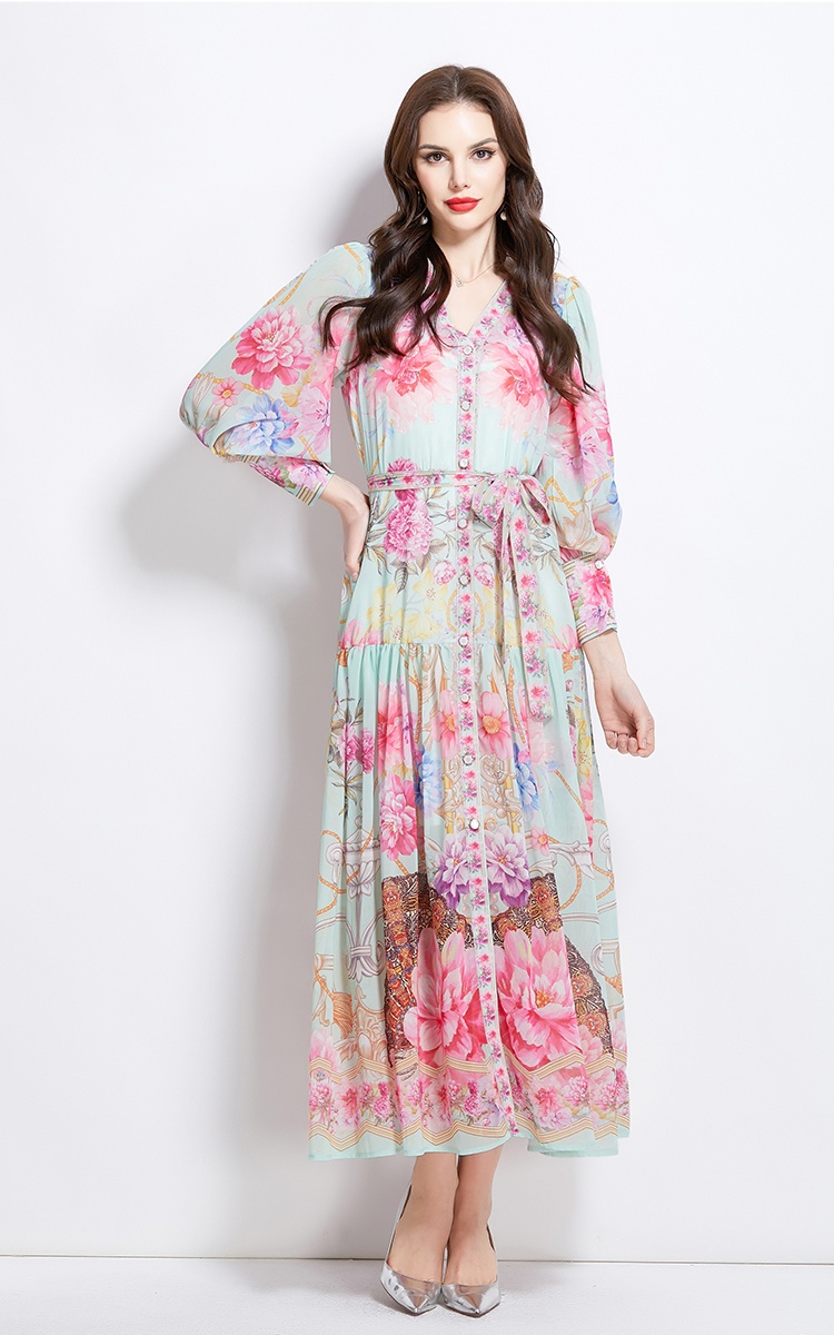 Lantern sleeve retro V-neck spring and summer dress