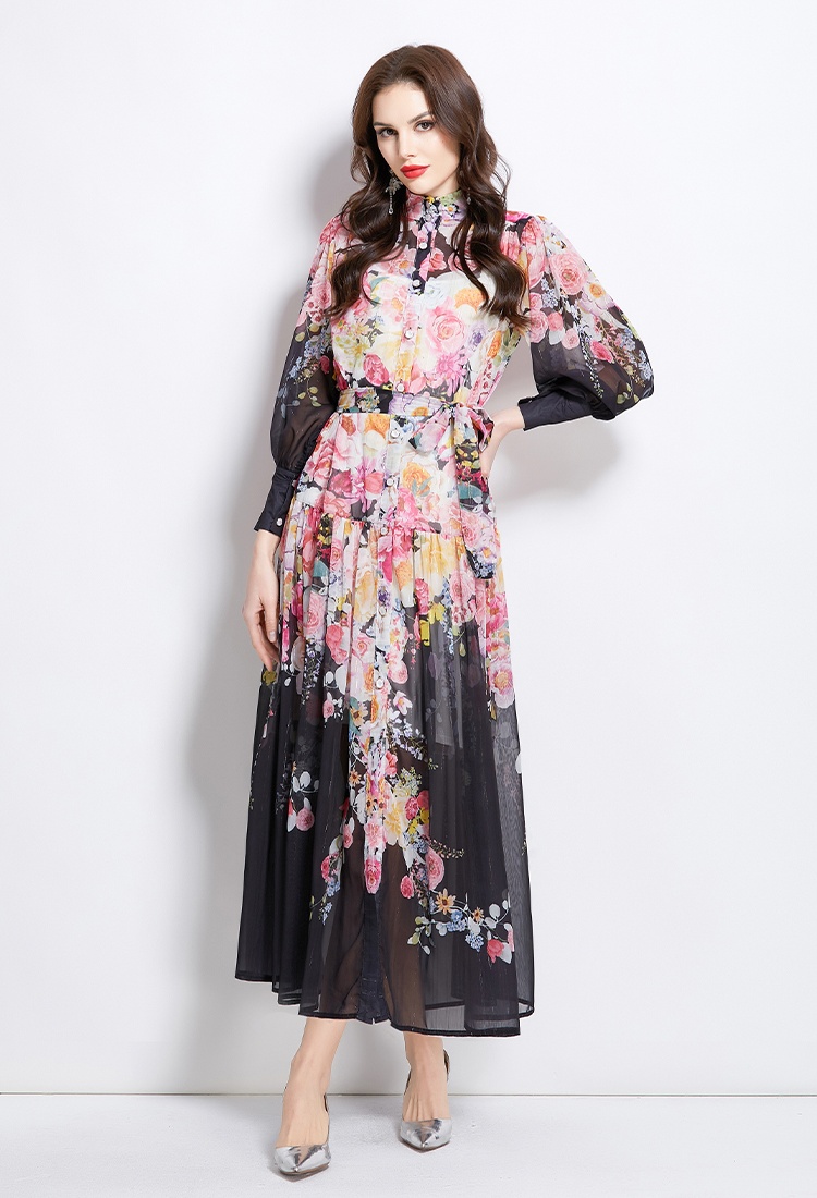 Long cstand collar spring and summer dress