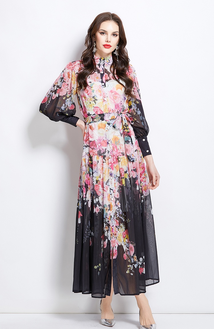 Long cstand collar spring and summer dress