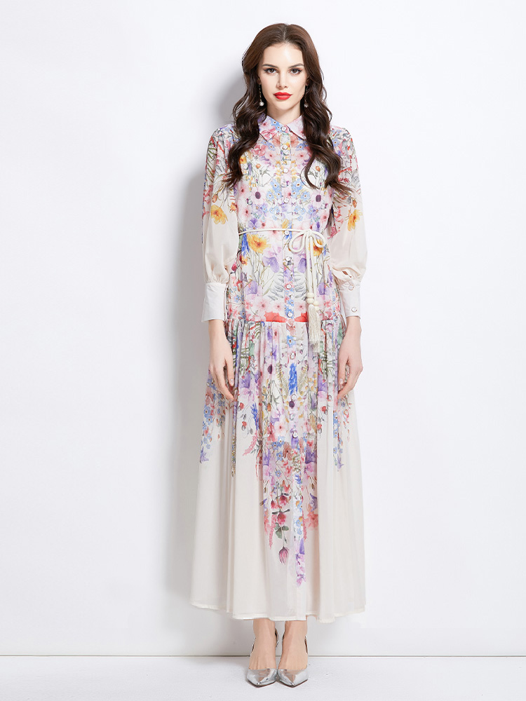 Retro lantern sleeve spring and summer lapel dress