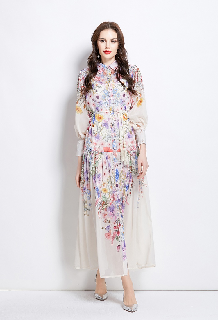 Retro lantern sleeve spring and summer lapel dress