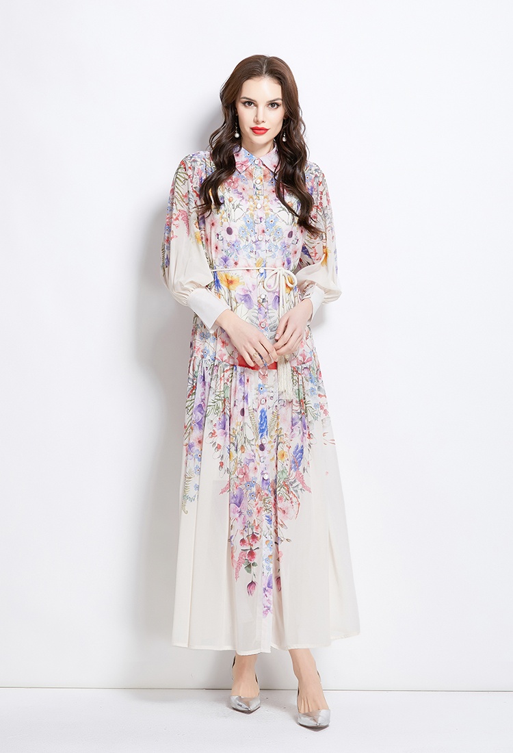 Retro lantern sleeve spring and summer lapel dress