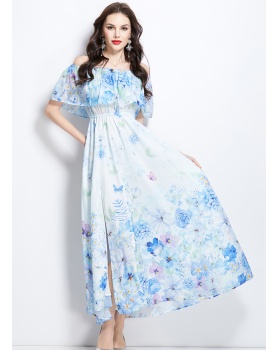 Long flat shoulder flowers retro spring dress