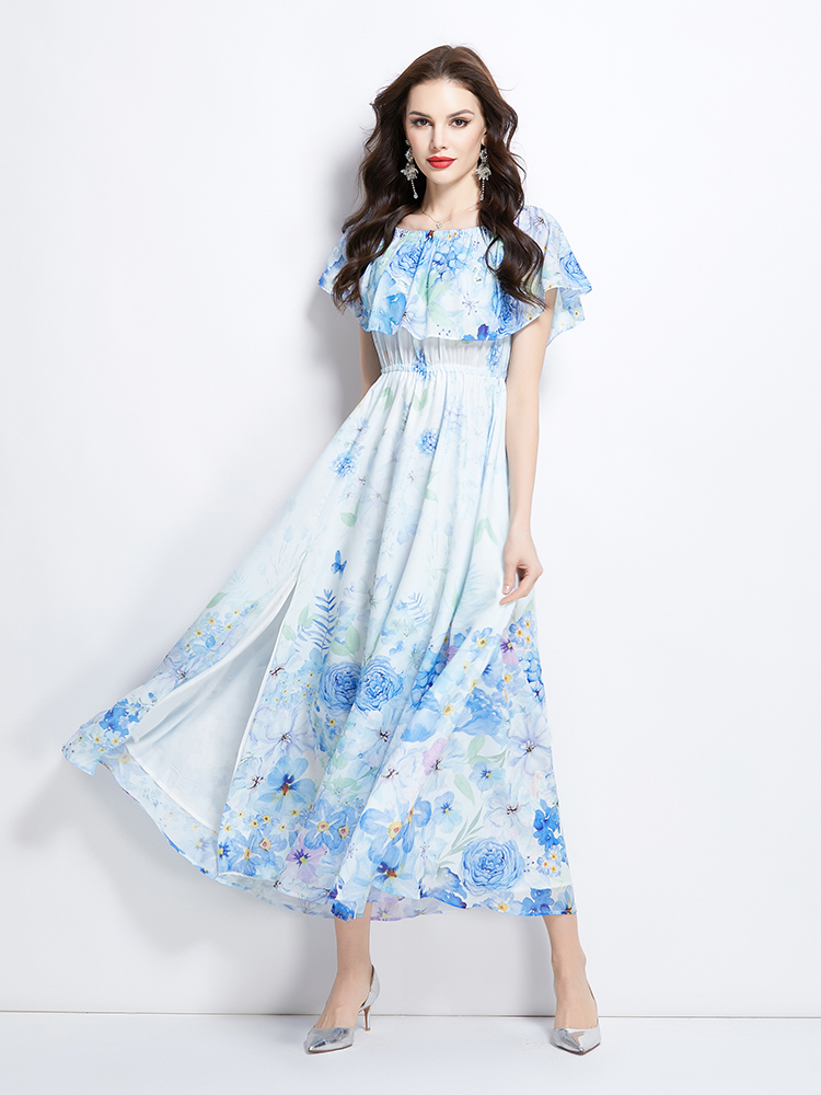 Long flat shoulder flowers retro spring dress