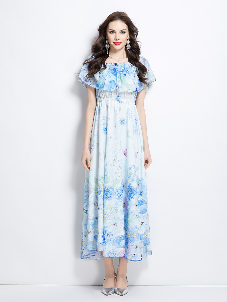 Long flat shoulder flowers retro spring dress