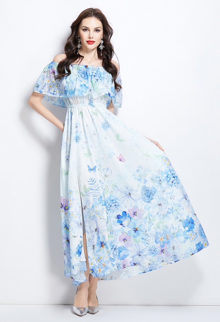 Long flat shoulder flowers retro spring dress