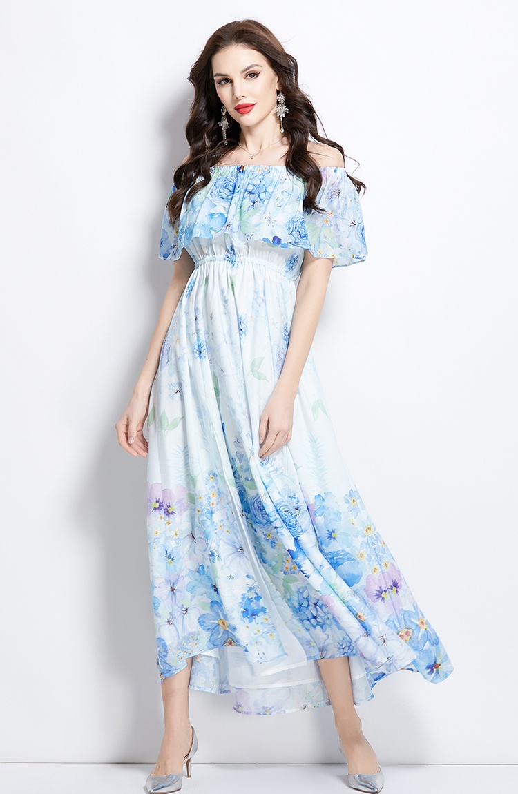 Long flat shoulder flowers retro spring dress