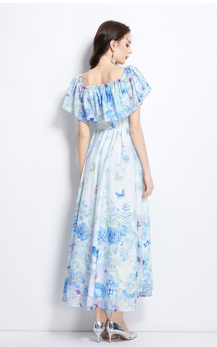 Long flat shoulder flowers retro spring dress