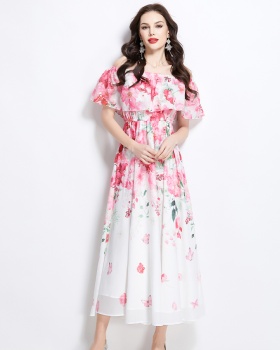 Long spring flat shoulder flowers retro dress