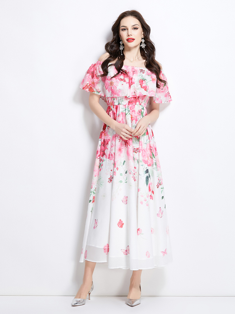 Long spring flat shoulder flowers retro dress