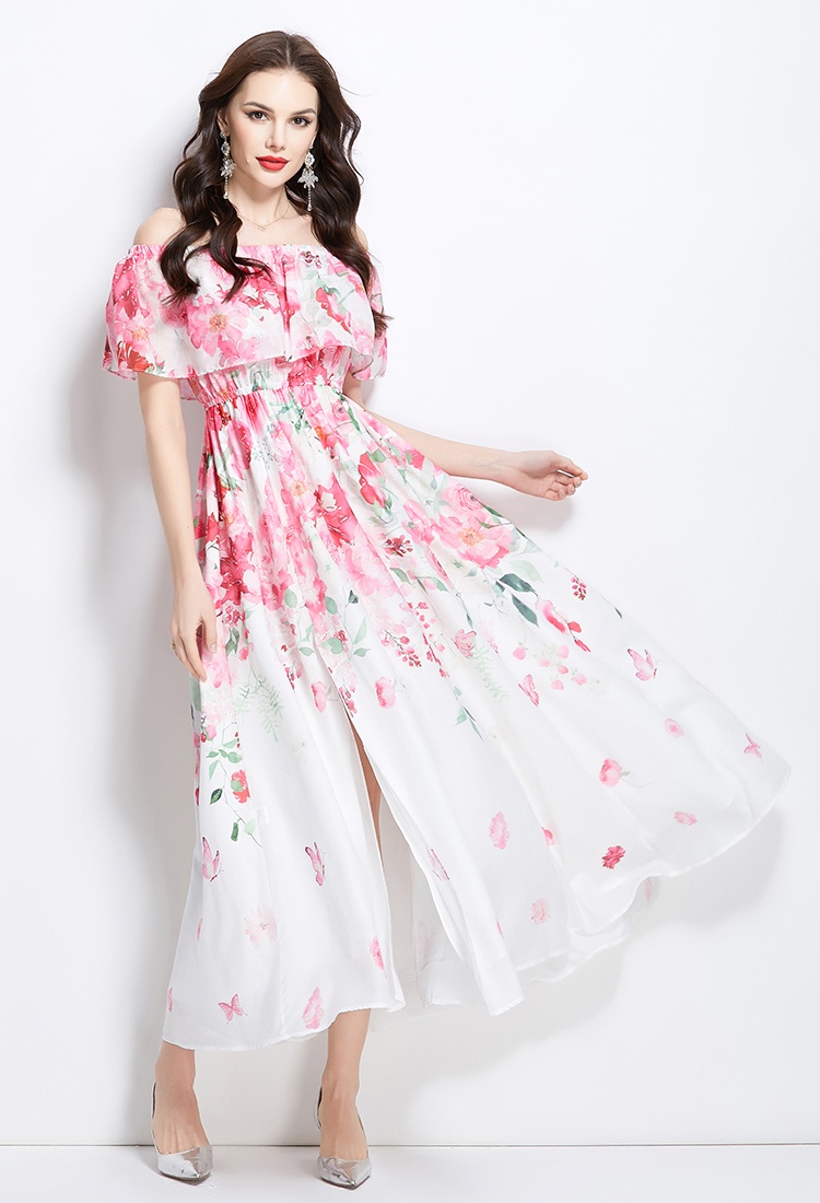 Long spring flat shoulder flowers retro dress