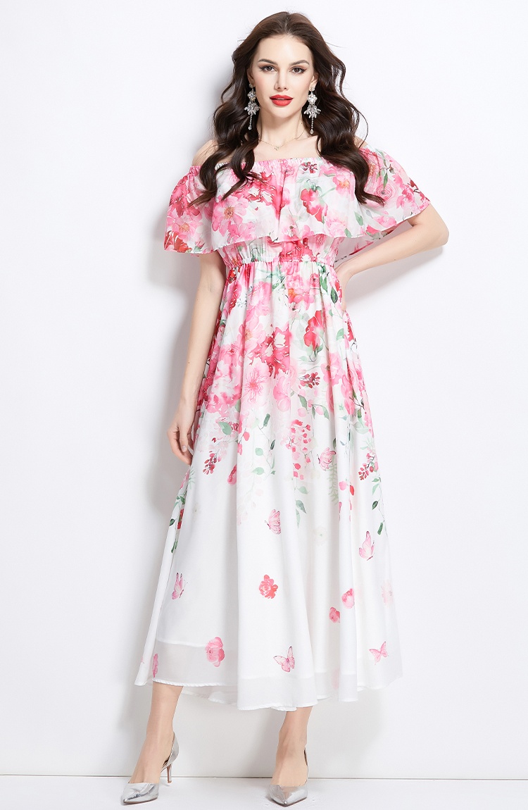 Long spring flat shoulder flowers retro dress