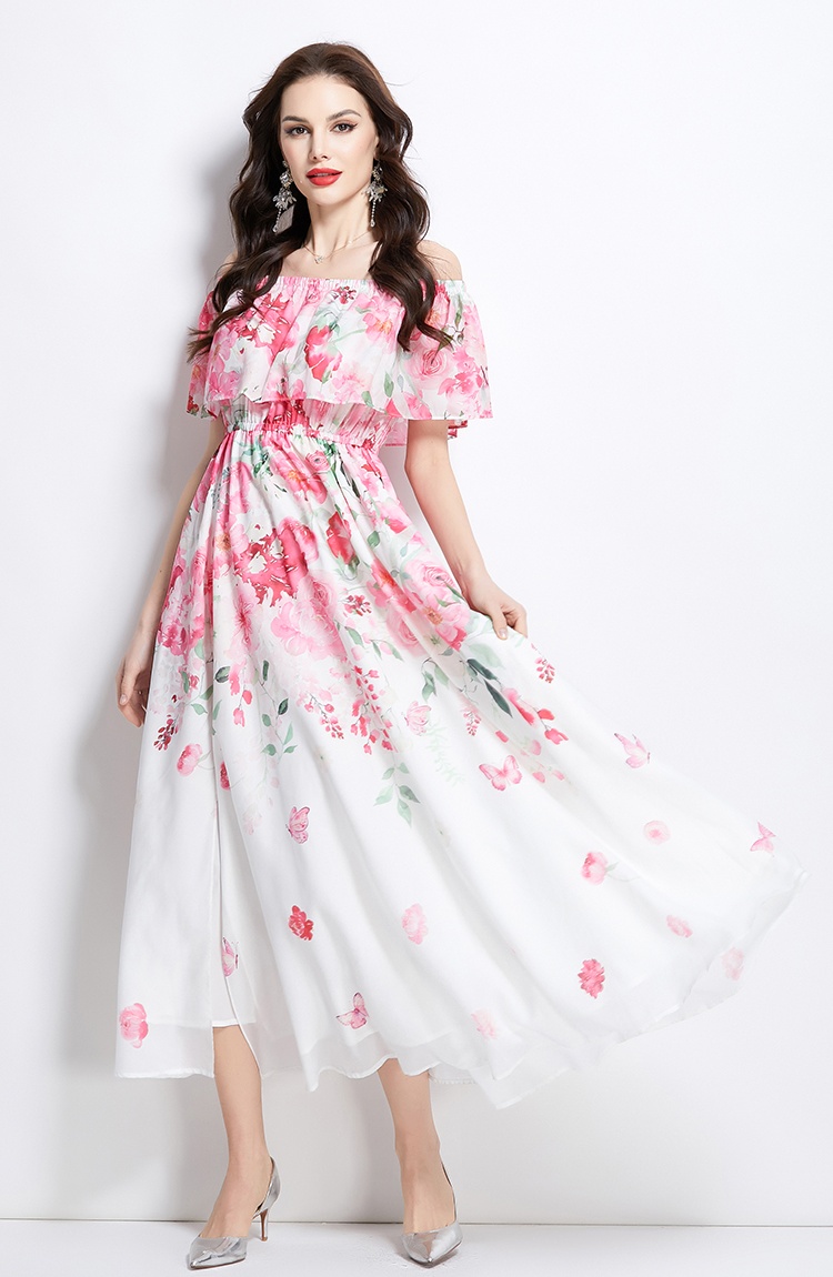 Long spring flat shoulder flowers retro dress