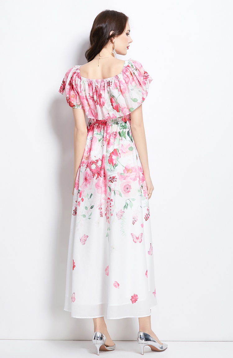 Long spring flat shoulder flowers retro dress