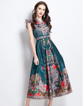 Long sleeveless court style national style pattern dress