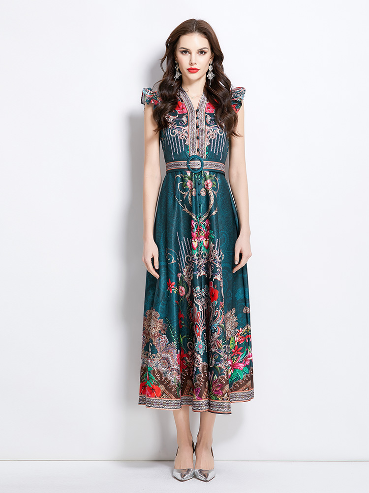 Long sleeveless court style national style pattern dress