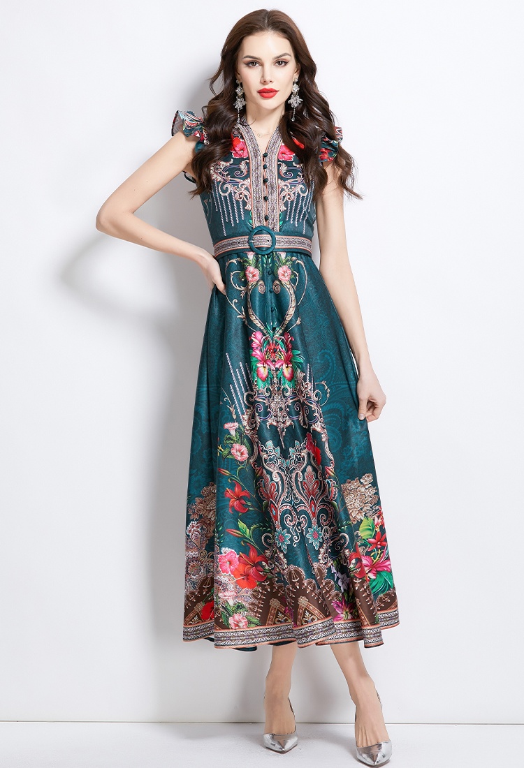 Long sleeveless court style national style pattern dress