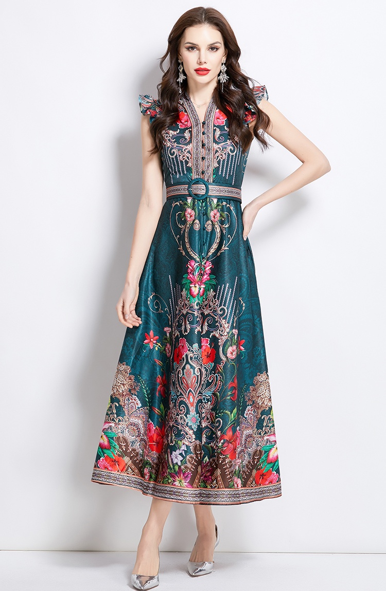 Long sleeveless court style national style pattern dress