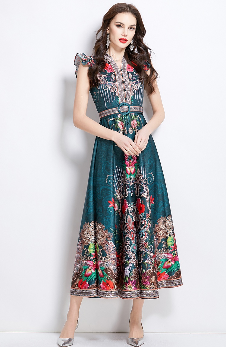 Long sleeveless court style national style pattern dress