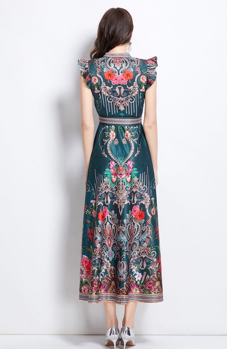 Long sleeveless court style national style pattern dress