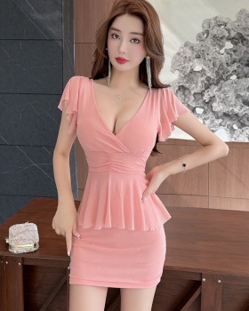 Bottoming short lotus leaf edges short sleeve gauze dress