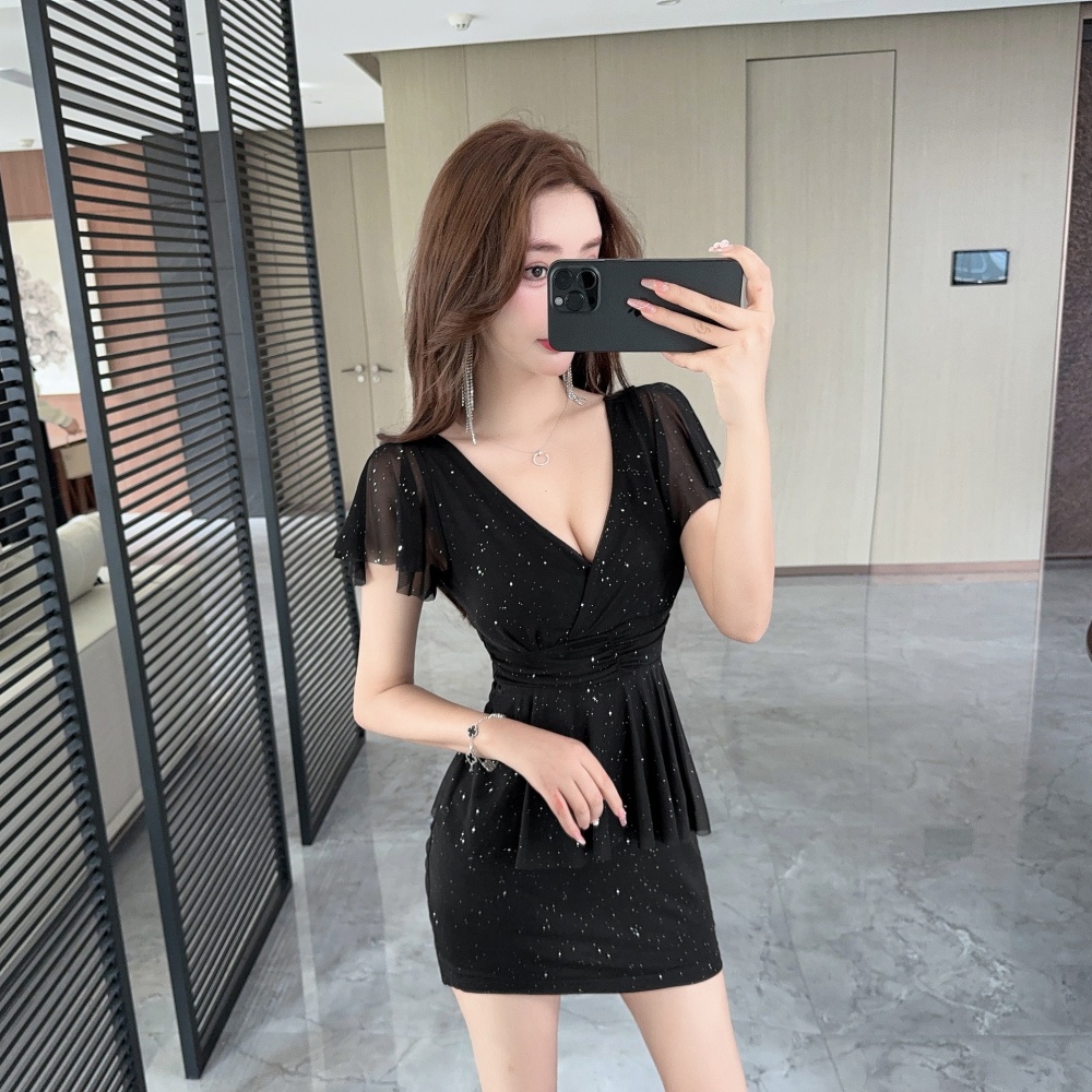 Bottoming short lotus leaf edges short sleeve gauze dress