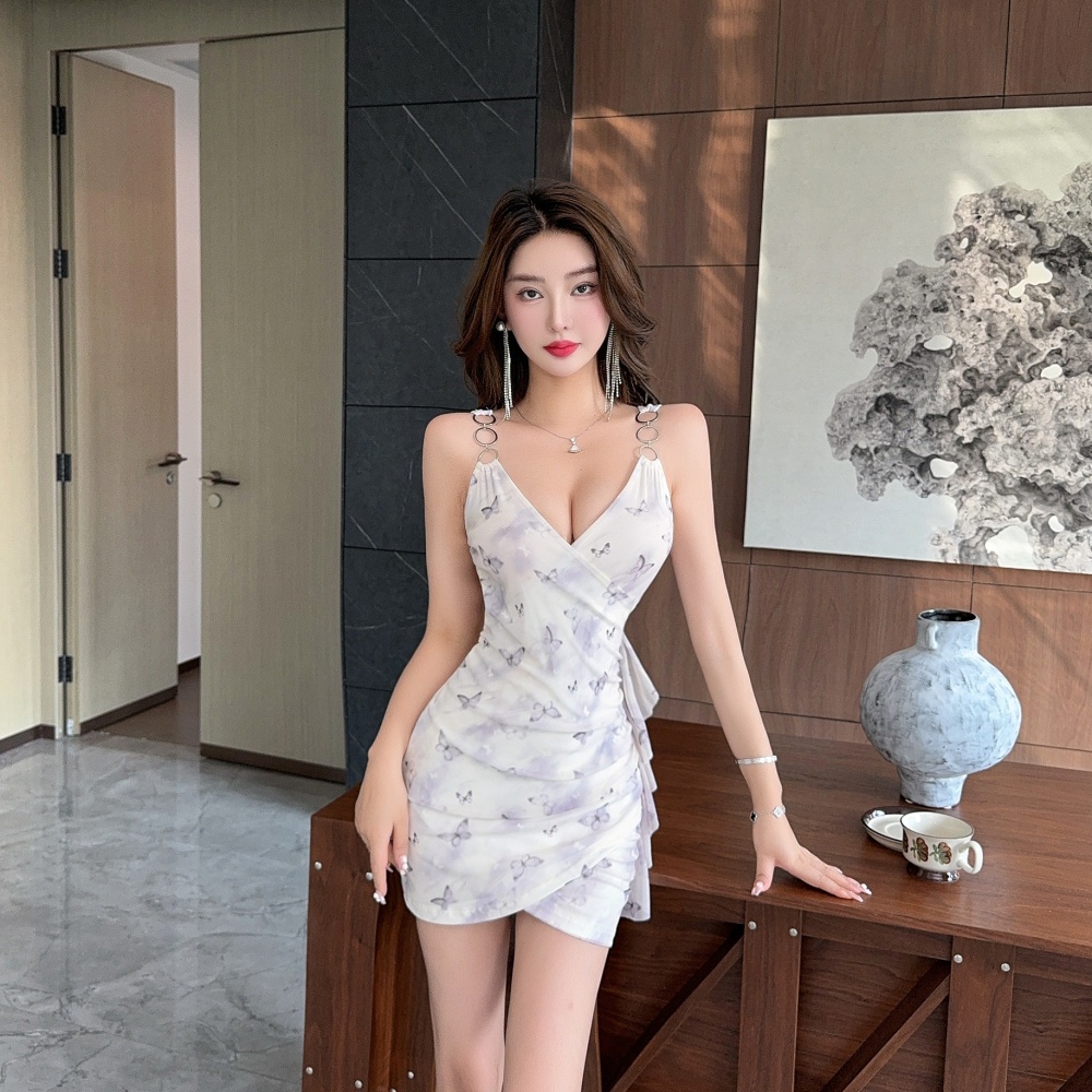 Package hip sling gauze sexy printing slim dress