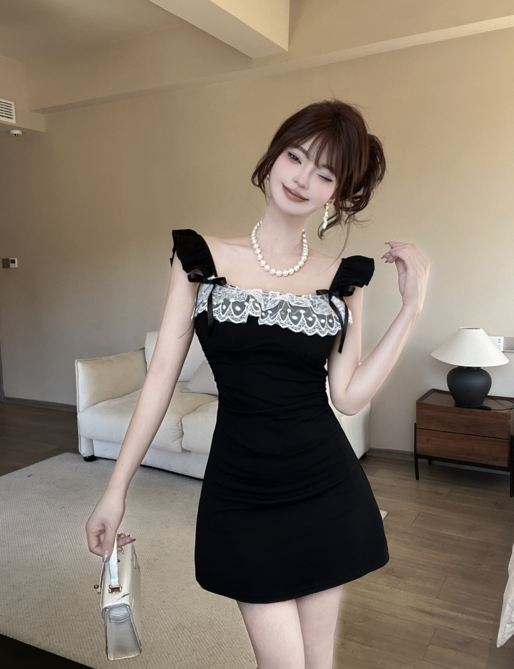 Slim lace tight cotton vest pinched waist sweet sexy dress