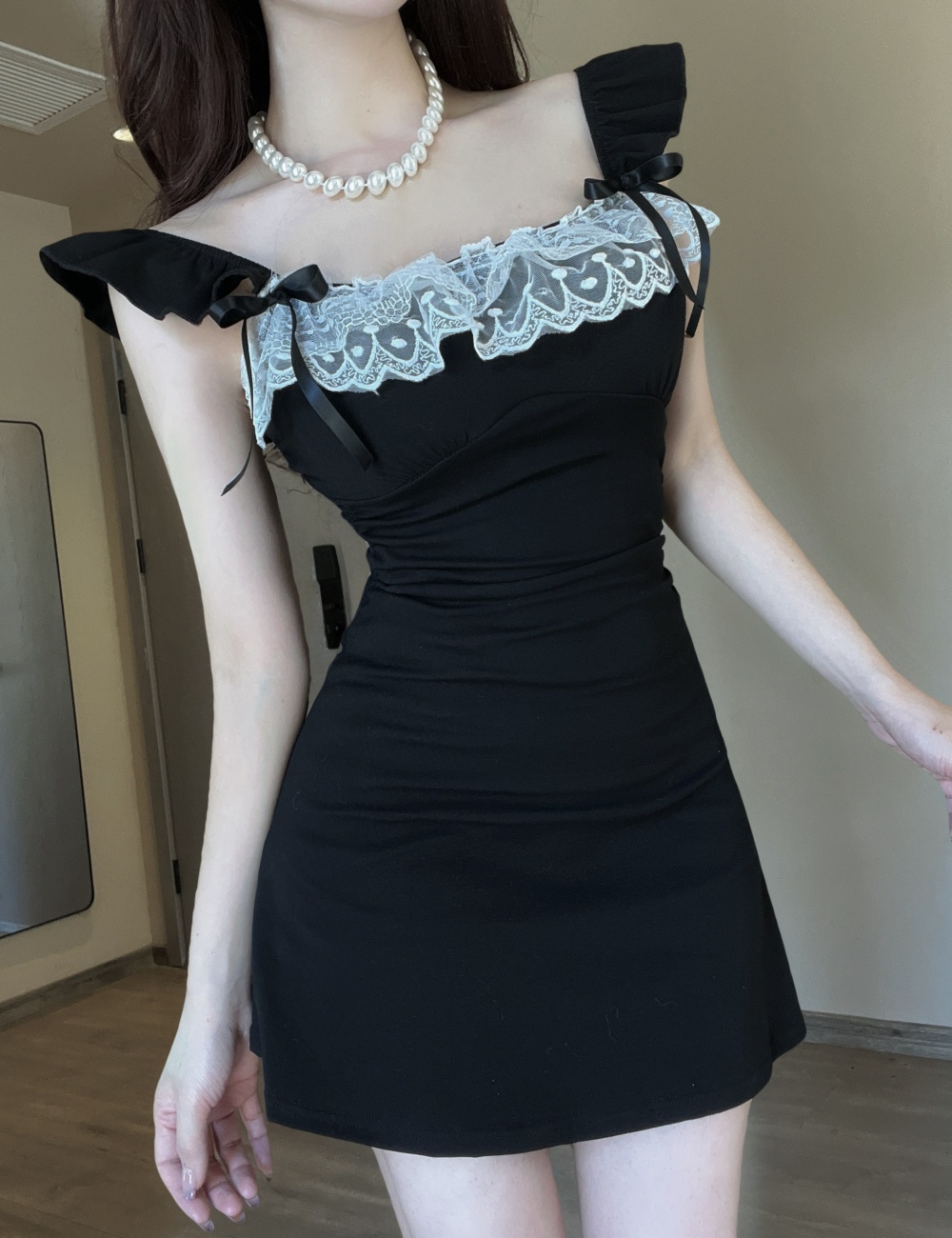 Slim lace tight cotton vest pinched waist sweet sexy dress