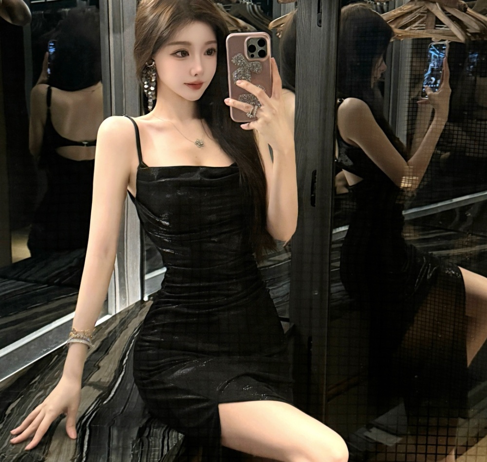 Sleeveless tight gauze dress pinched waist sexy long dress