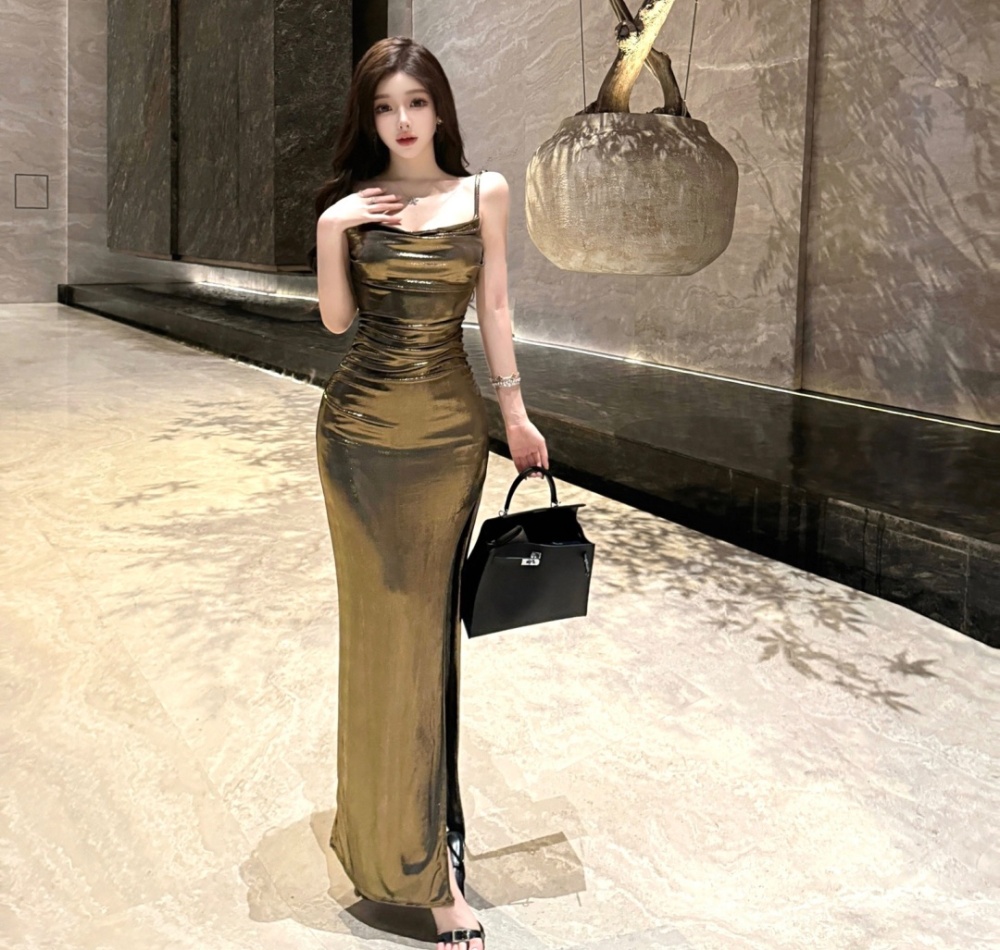 Sleeveless tight gauze dress pinched waist sexy long dress