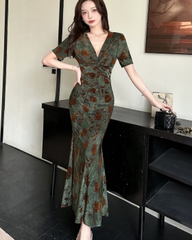 Lady sexy slim dress jacquard short sleeve long dress