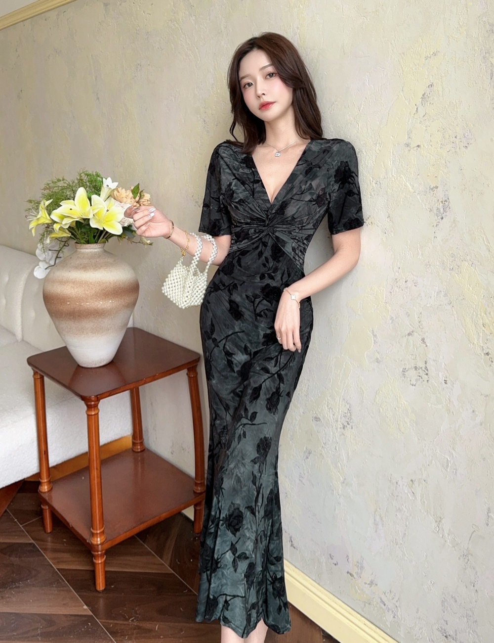 Lady sexy slim dress jacquard short sleeve long dress