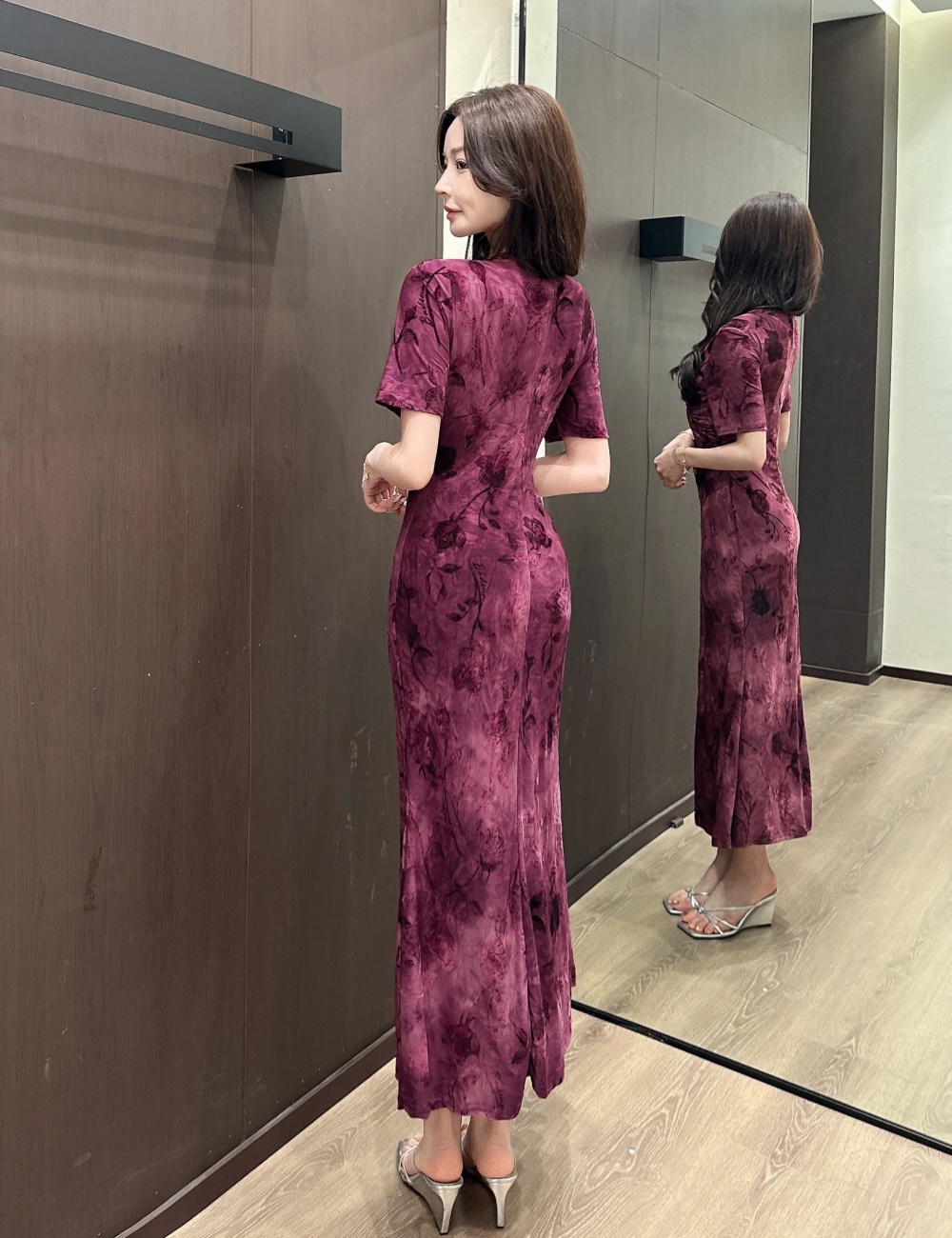 Lady sexy slim dress jacquard short sleeve long dress