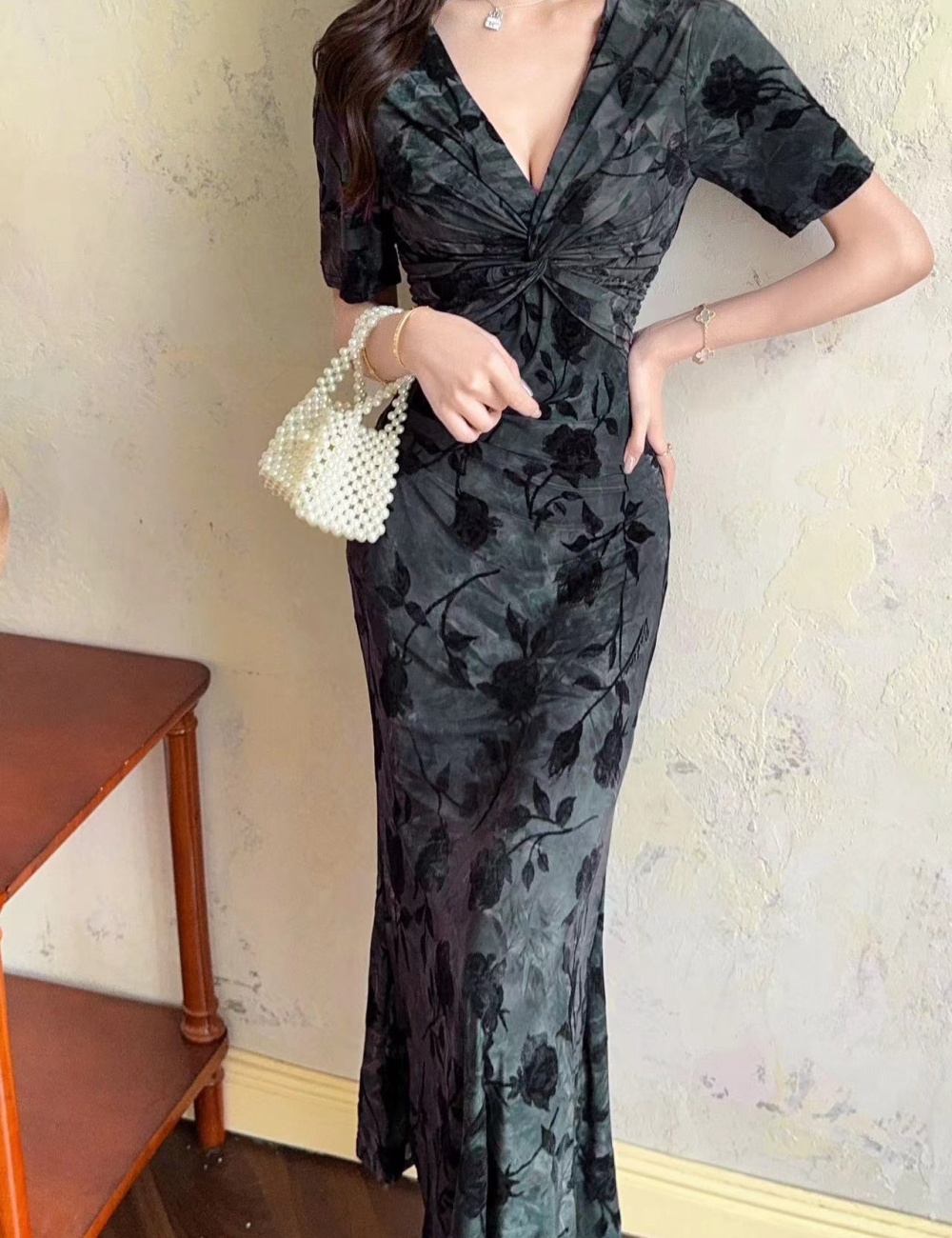 Lady sexy slim dress jacquard short sleeve long dress