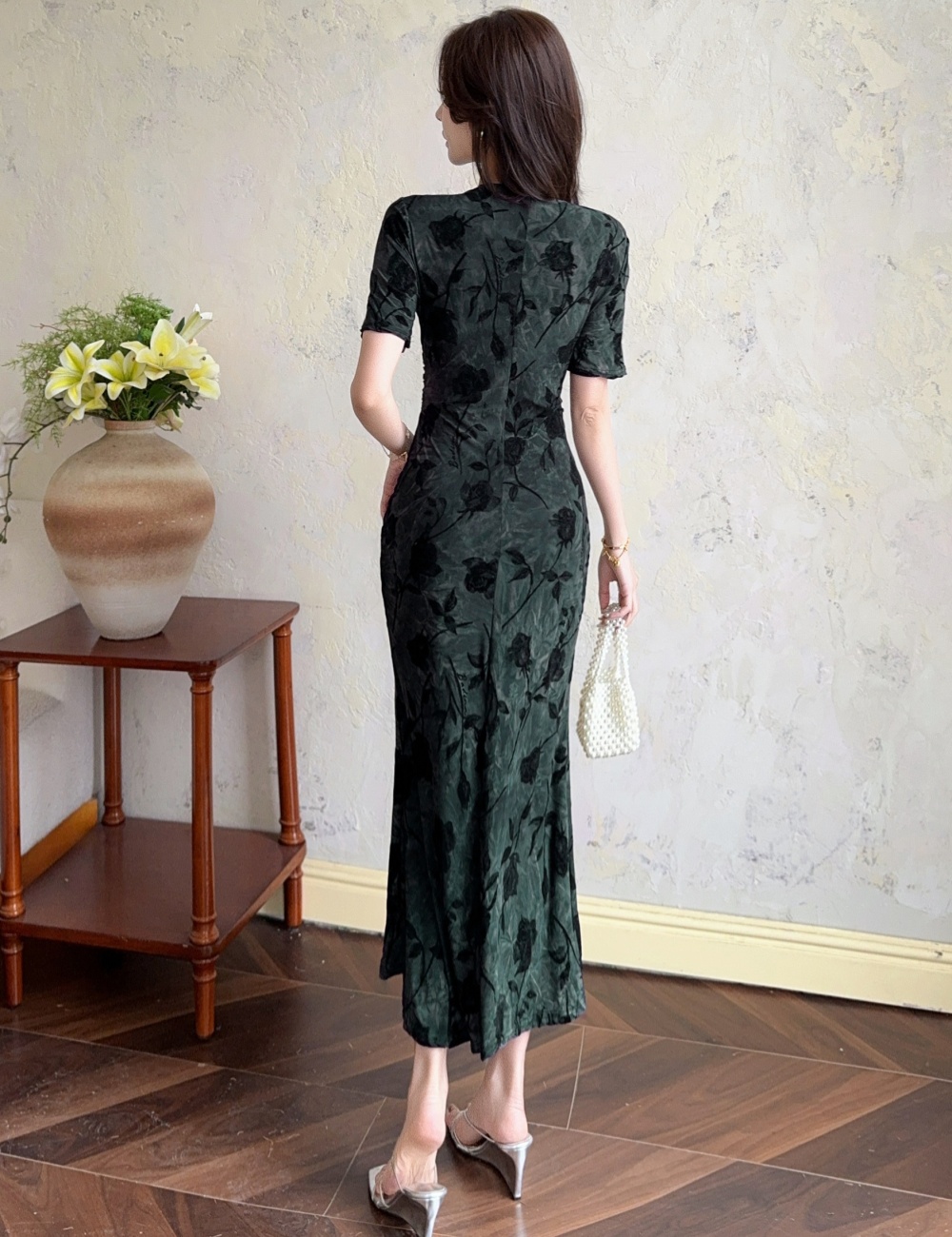 Lady sexy slim dress jacquard short sleeve long dress