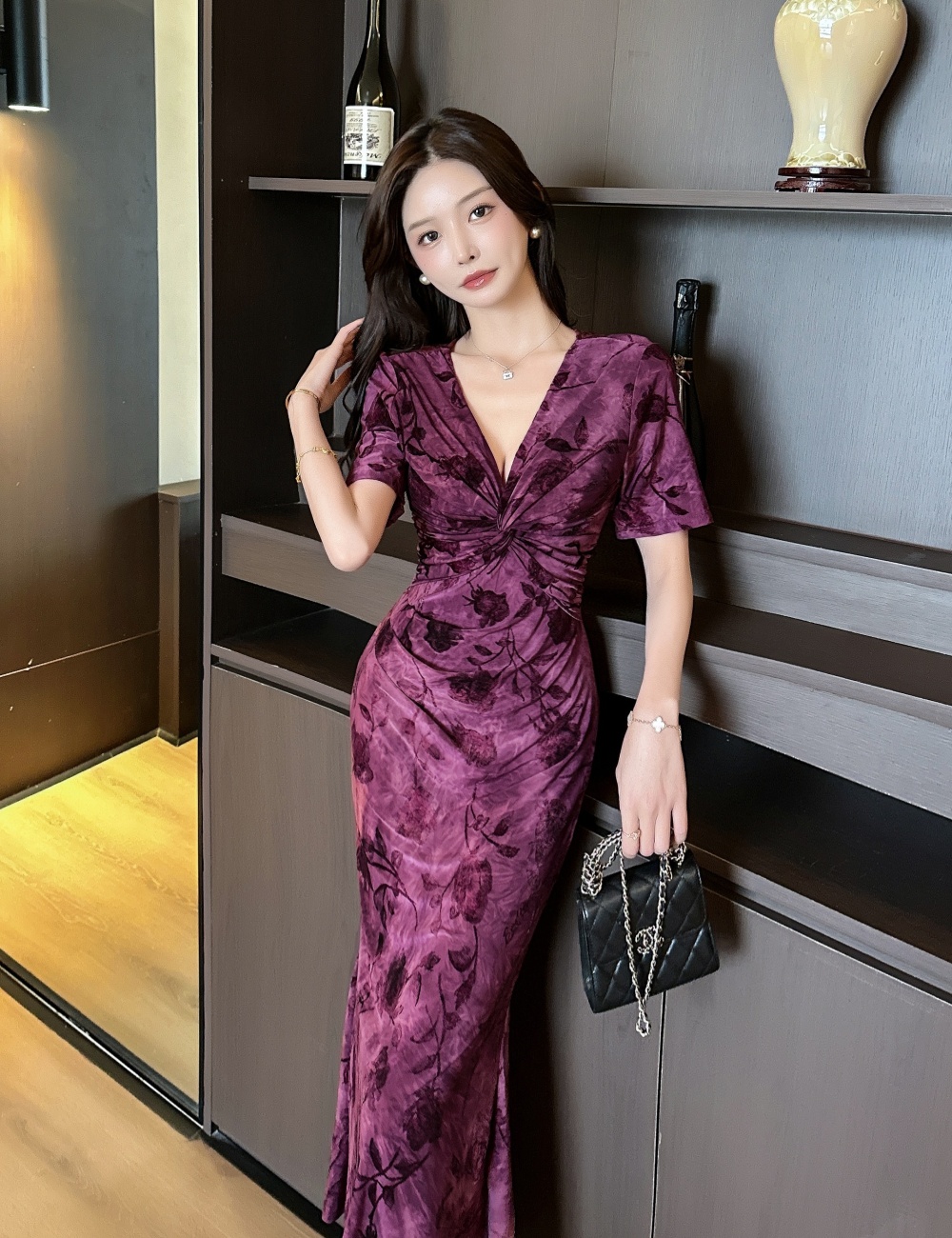 Lady sexy slim dress jacquard short sleeve long dress