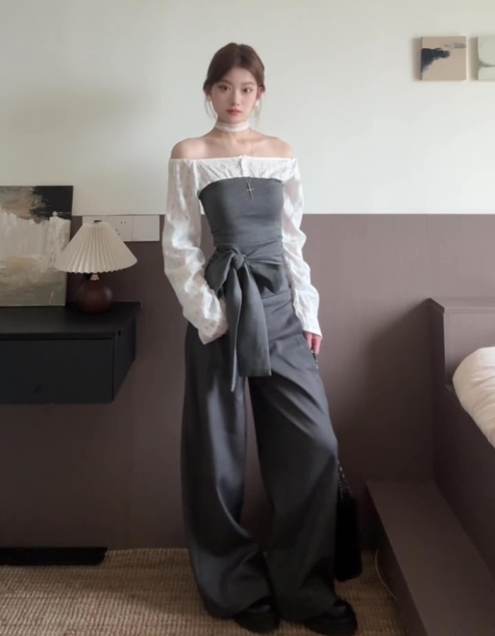 Pseudo-two flat shoulder suit pants niche tops 2pcs set