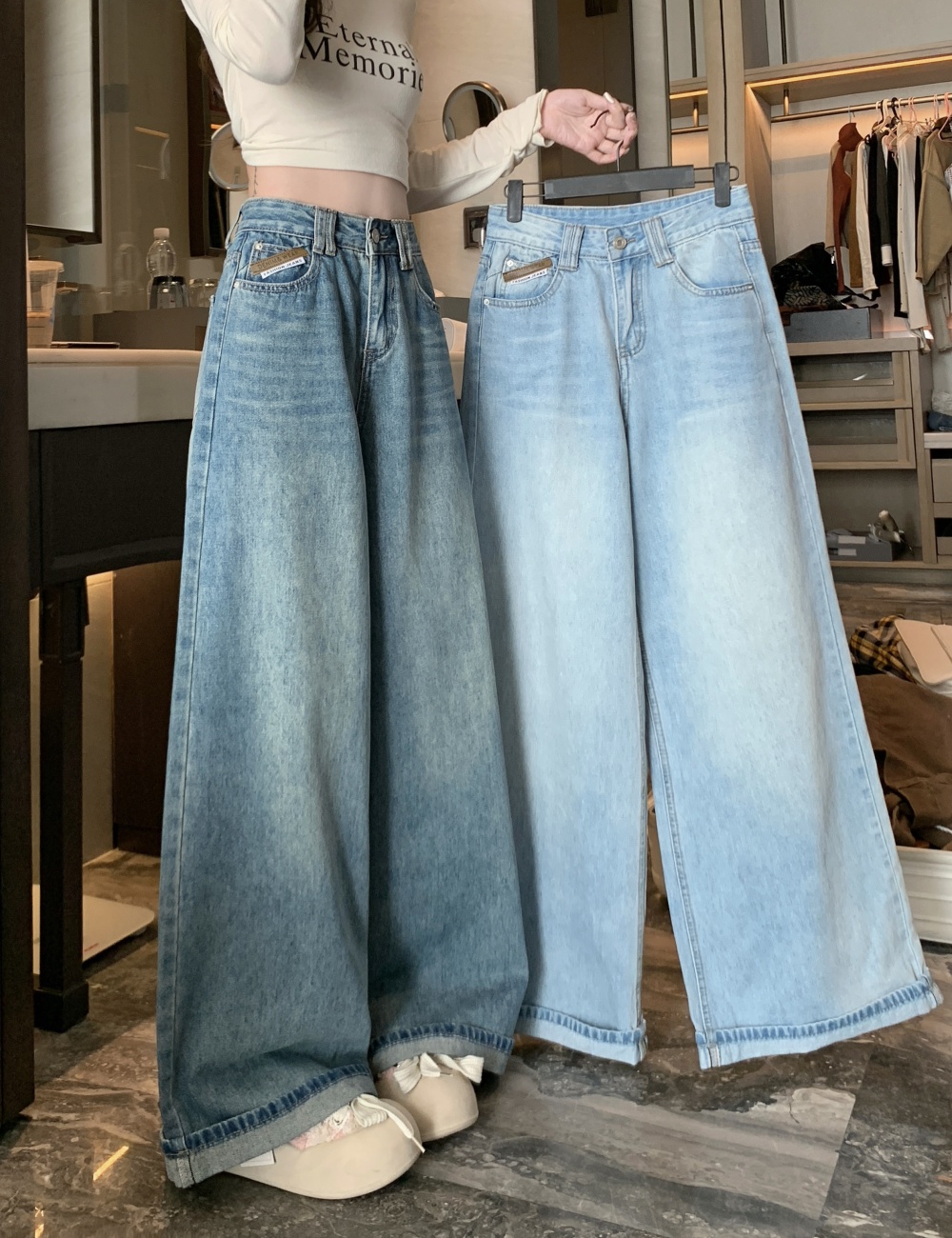 Straight pants jeans blue long pants for women