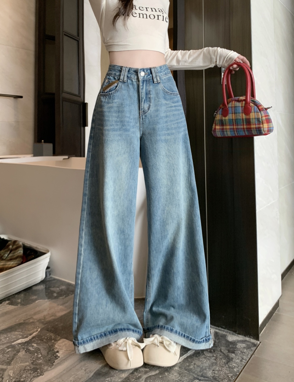 Straight pants jeans blue long pants for women